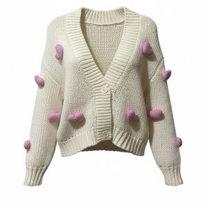 Roffee Ivory Pink Heart Accents Kidcore Novelty Cardigan Sweater sz S NWT